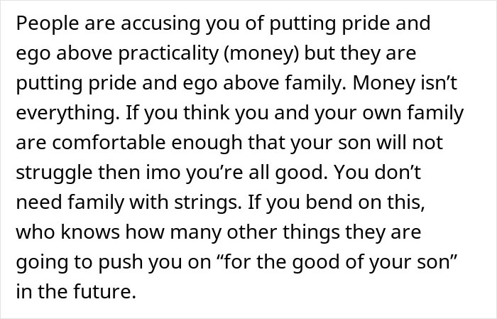Text excerpt discussing family tensions over inheritance, focusing on pride, money, and conditions set by rich grandparents.