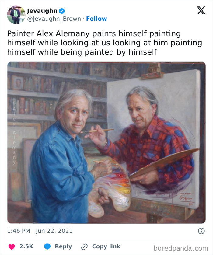 Painter depicted in a surreal loop, painting himself in a weird, unhinged art scene.