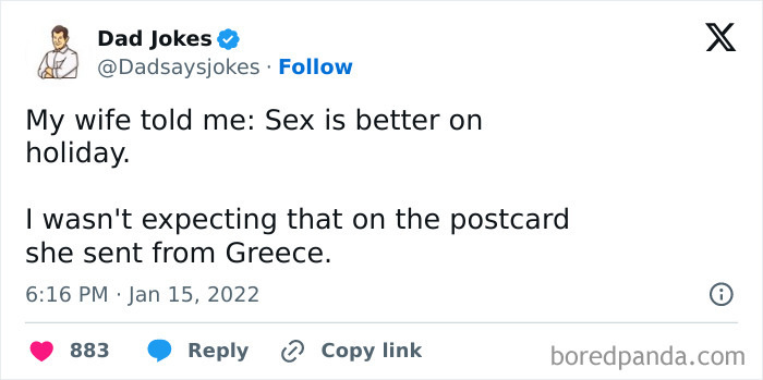 Dad joke text post about a wife's surprising postcard from Greece.