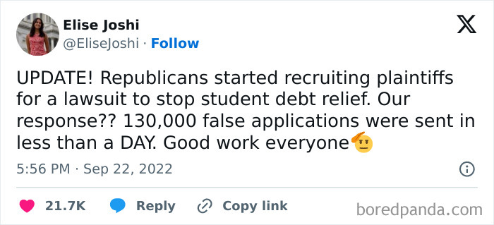 Tweet showing a viral response involving thousands of false applications as an act of vandalism for humanity.