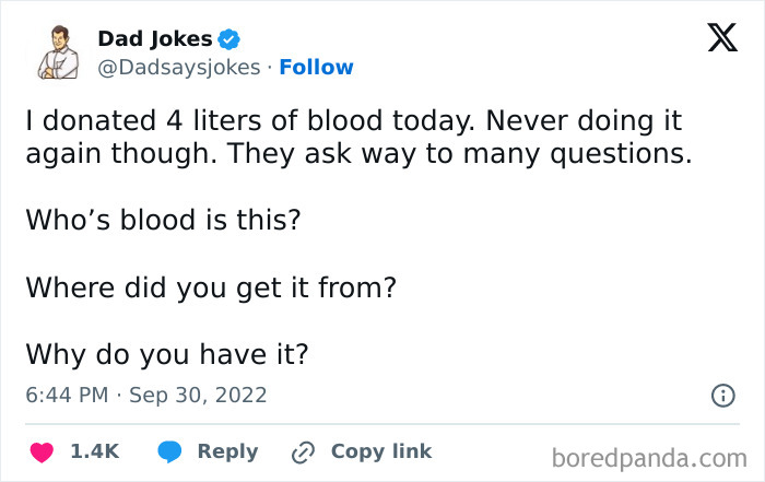 Dad joke text about donating blood and humorous questions about its source.