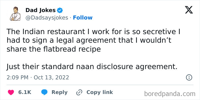 Tweet showing a witty dad joke about a "naan disclosure agreement" at an Indian restaurant.