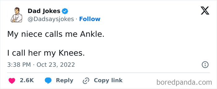 Witty dad joke about family nicknames in a tweet from @Dadsaysjokes with engagement count shown.