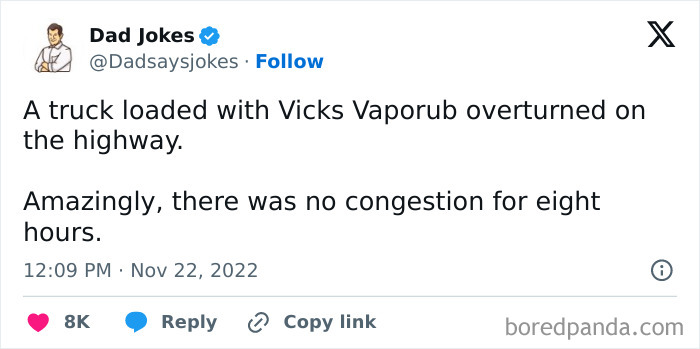 Dad joke tweet about a Vicks Vaporub truck accident and highway congestion relief.