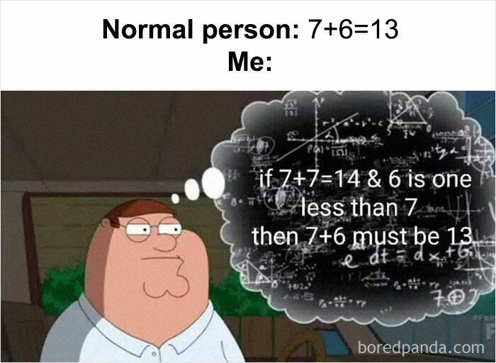 Cartoon character with complex equations, humorously analyzing simple math in a weird meme.