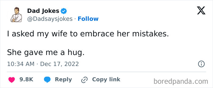 A witty dad joke tweet about embracing mistakes with humor and a hug.