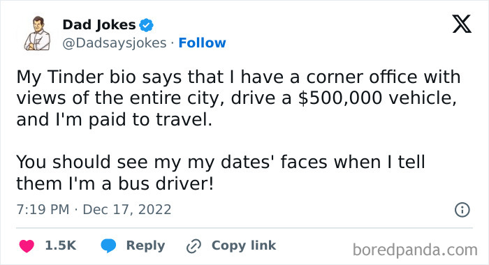 Bus driver joke on a tweet by Dad Jokes, humorously describing a misleading Tinder bio with witty dad humor.