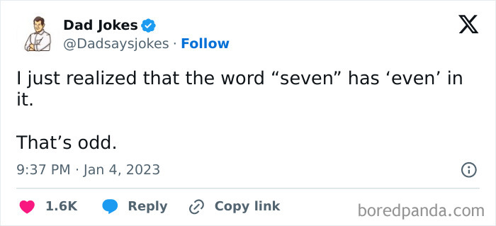 Tweet with a witty dad joke about the word "seven" containing "even."