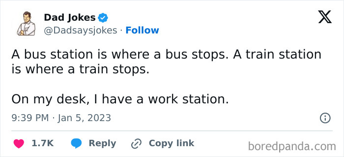 Tweet sharing a witty dad joke about a workstation, with details like likes and timestamp visible.