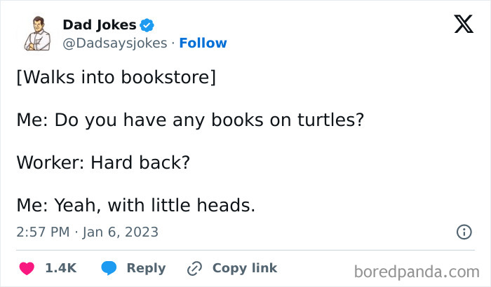 Dad joke about turtles shared by @Dadsaysjokes, humor in a bookstore setting.