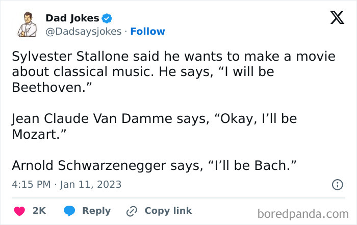 Tweet featuring witty dad joke about famous actors and classical composers.