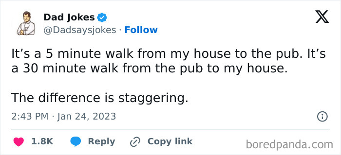 Tweet from Dad Jokes account with a witty dad joke about walking from a house to a pub and back.