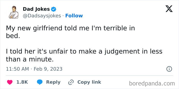 A witty dad joke about a girlfriend's quick judgment in a viral tweet.