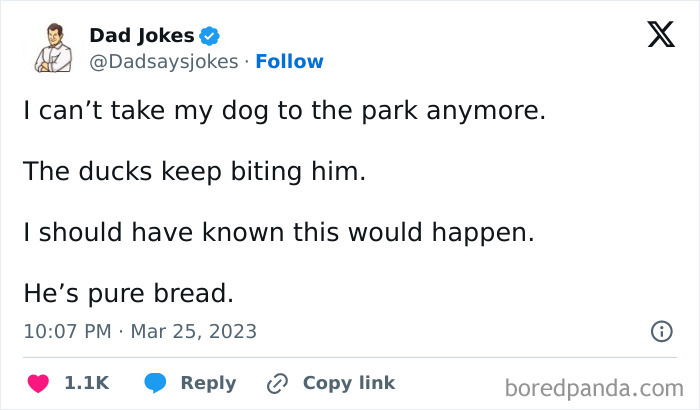 Dad jokes tweet about a dog being bitten by ducks, ending with a pun: "He’s pure bread."