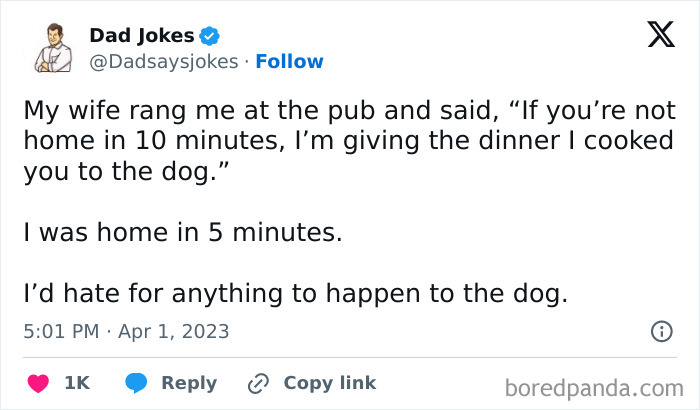 Dad joke tweet about rushing home to save dinner from the dog, emphasizing wit and humor.