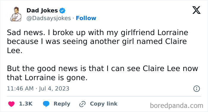 Tweet showcasing a witty dad joke about breaking up with Lorraine for Claire Lee, highlighting dad joke humor.