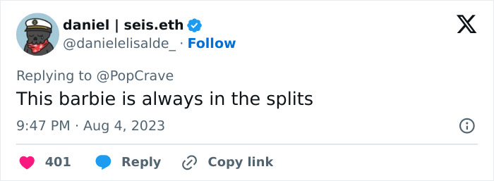 Social media post about Mattel's movie-inspired Weird Barbie, mentioning "always in the splits. Social media post about Mattel's movie-inspired Weird Barbie, mentioning "always in the splits.