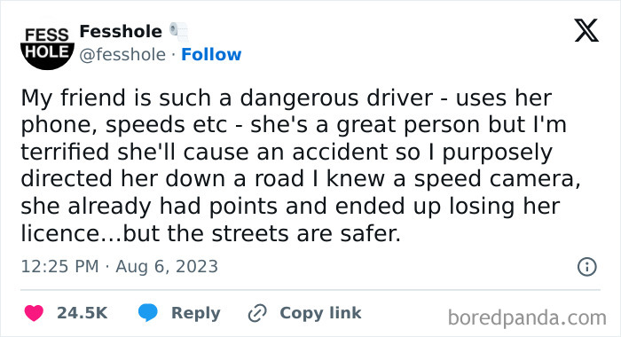 Tweet about directing a dangerous driver to a speed camera, an example of vandalism for humanity making streets safer.
