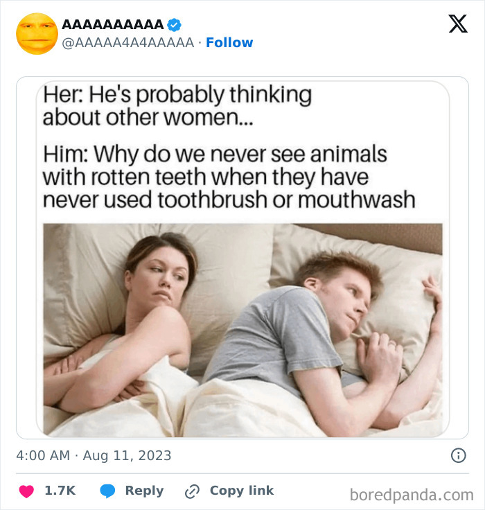 Couple in bed meme with funny text about men thinking of animal dental hygiene, illustrating a cursed meme scenario.