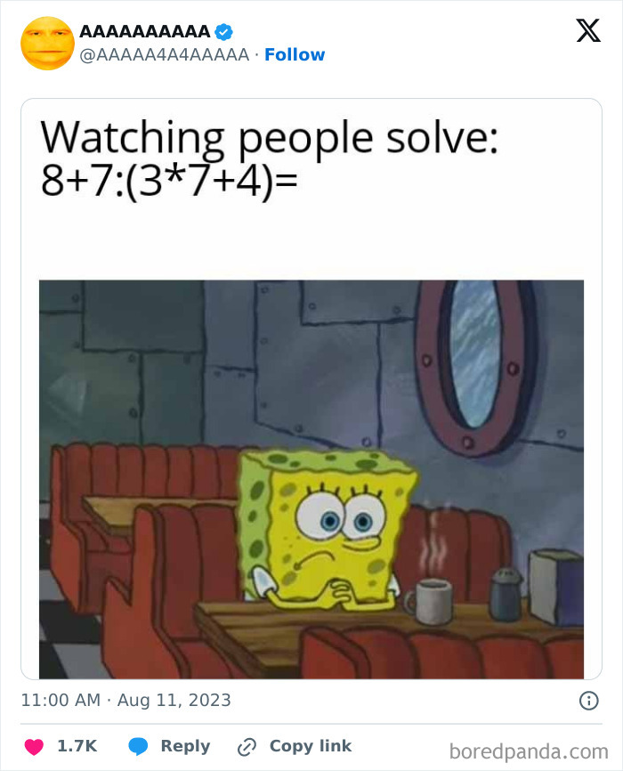 SpongeBob sitting in a diner, looking concerned over a complex math problem. Cursed meme humor.