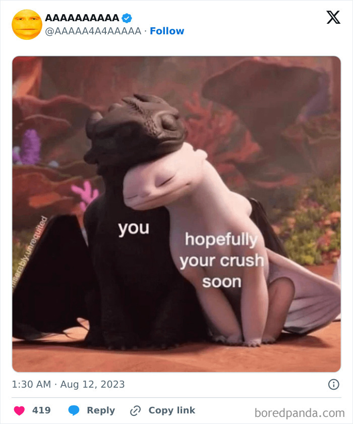 Two dragons cuddling, labeled "you" and "hopefully your crush soon," capturing a hilariously cursed meme.