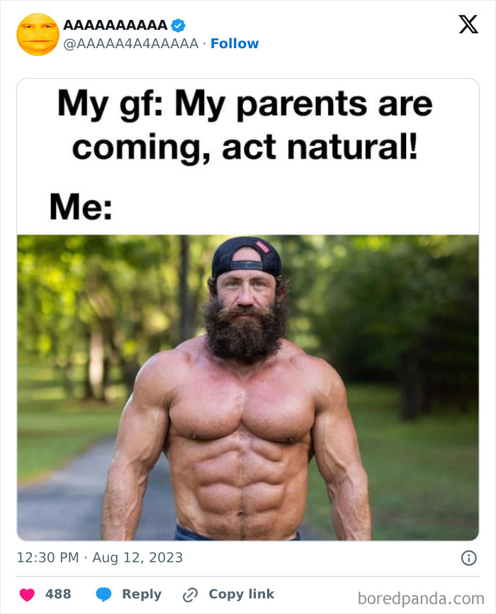 Muscular man with a serious expression in a meme about acting natural when meeting girlfriend's parents. Cursed memes theme.