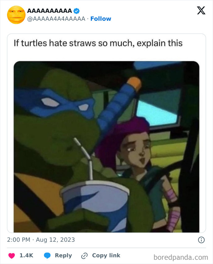 Cursed meme of a turtle drinking from a straw, humorously questioning their dislike for straws.
