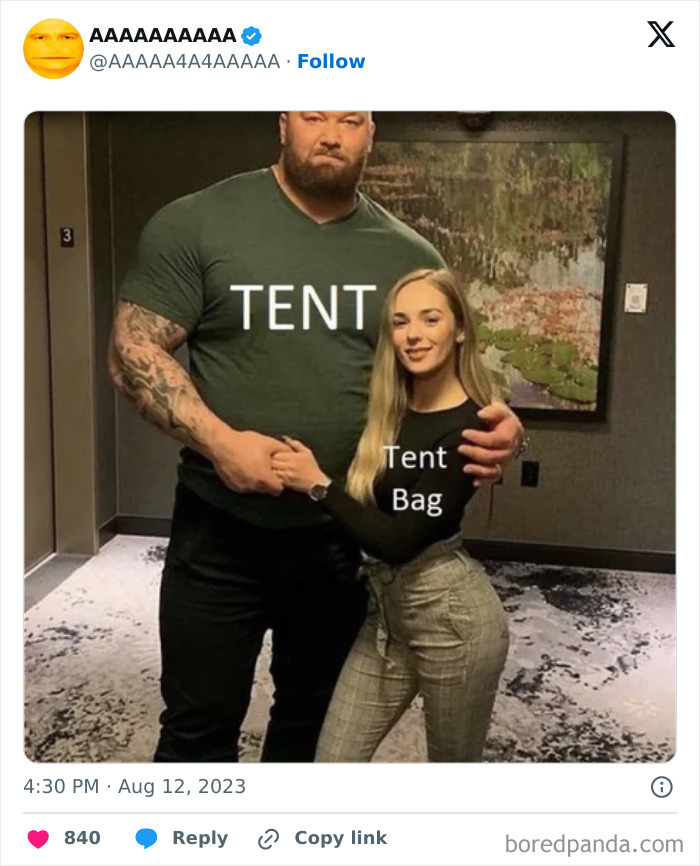 A hilariously cursed meme with a tall man labeled 'Tent' and a woman labeled 'Tent Bag' posing together indoors.