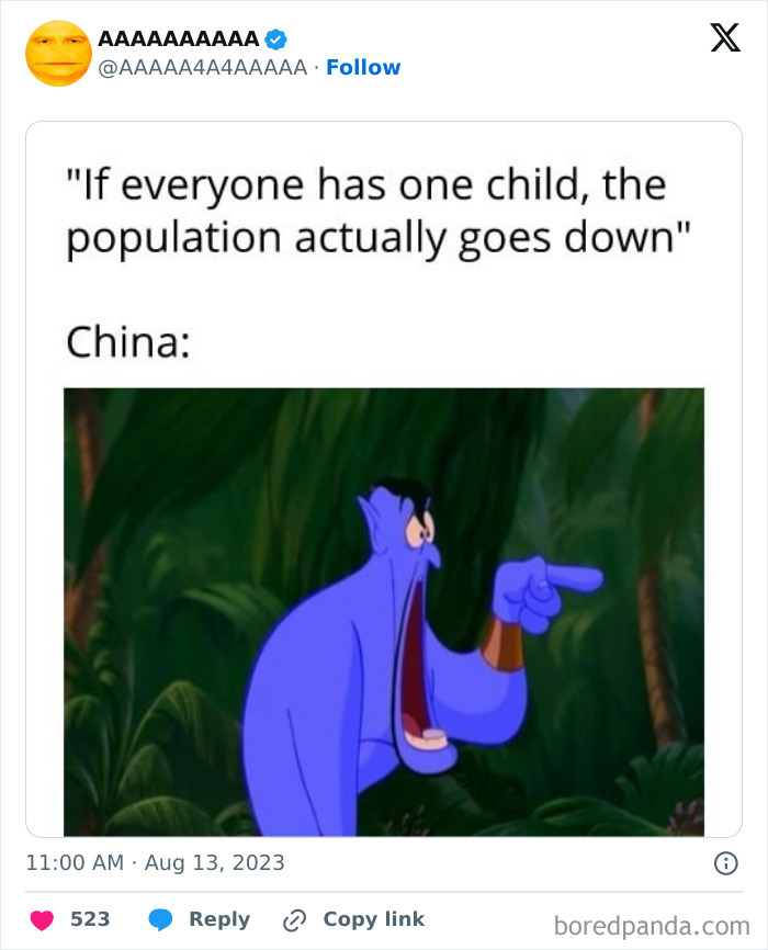 Genie reacting humorously to a statement about population decline, embodying the concept of hilariously cursed memes.