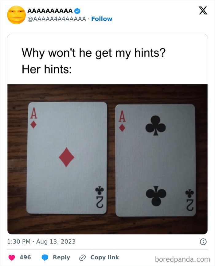 Cursed meme showing two playing cards with humorous context about hints.