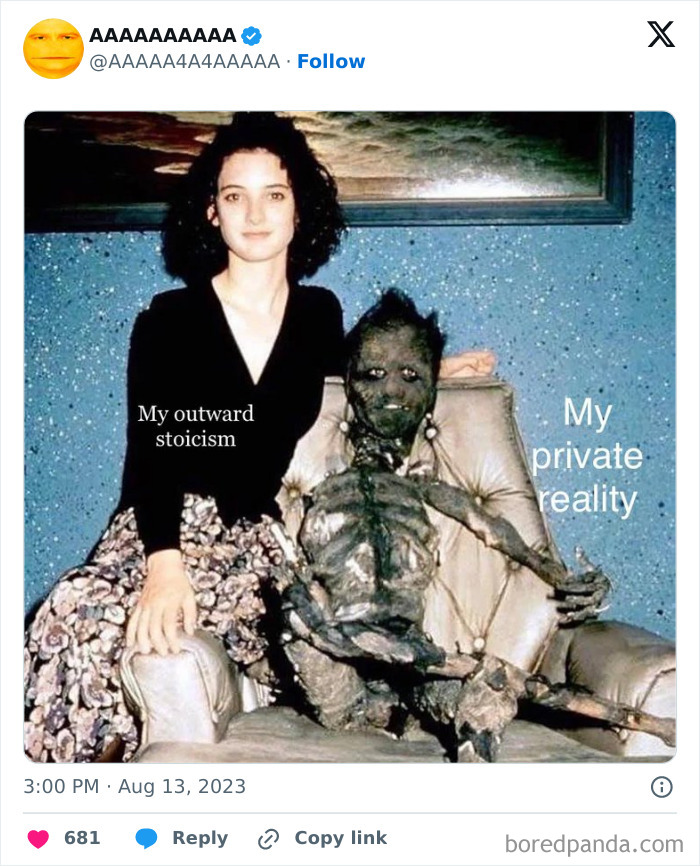 Woman posing with a creepy figure labeled as a hilariously cursed meme about outward stoicism and private reality.