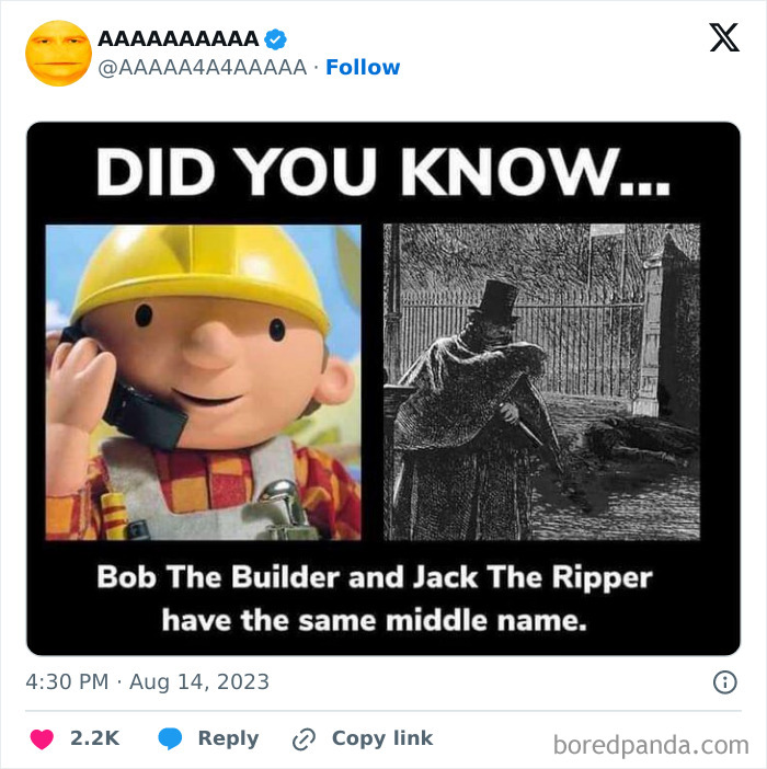 Cursed meme comparing Bob the Builder and Jack the Ripper with humorous text.