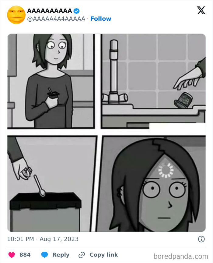 Comic strip of a woman throwing a USB into the trash, with a loading symbol on her forehead, illustrating cursed meme humor.