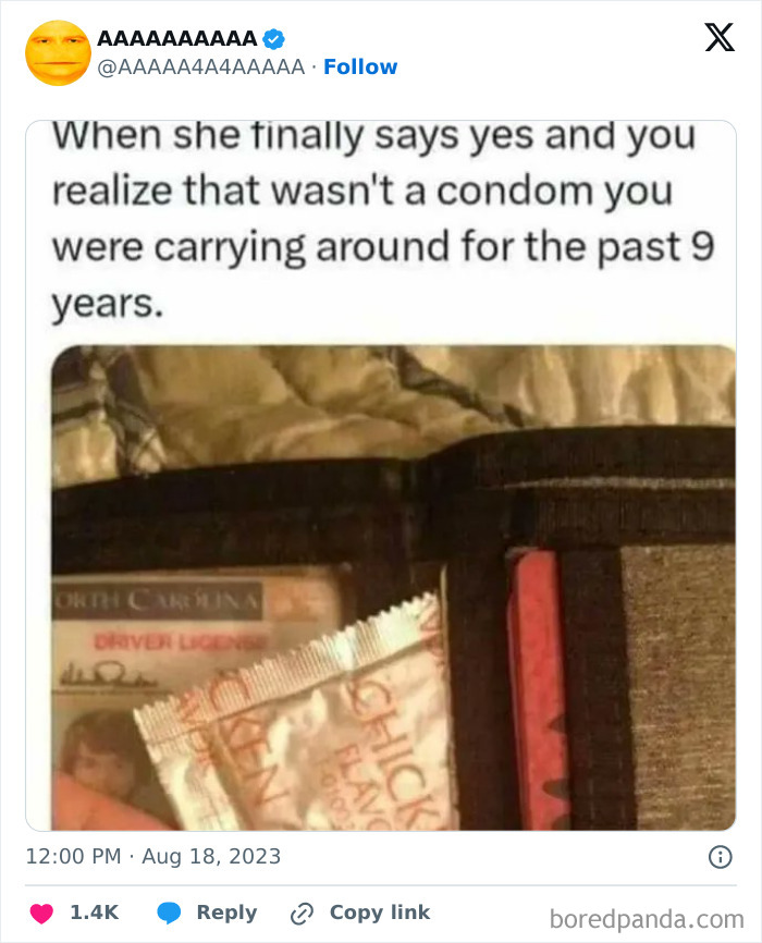 A hilariously cursed meme about mistaking a chicken flavor packet for a c****m inside a wallet.