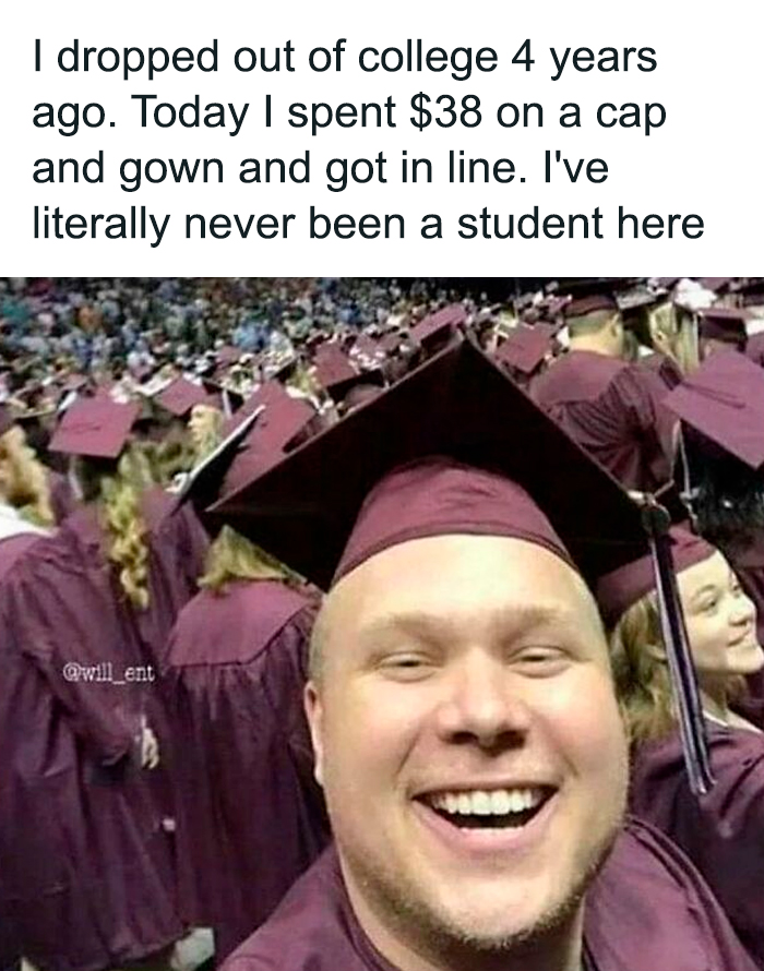 Man wearing a cap and gown smiling at graduation with a crowd, relatable meme about college experience on IG page.