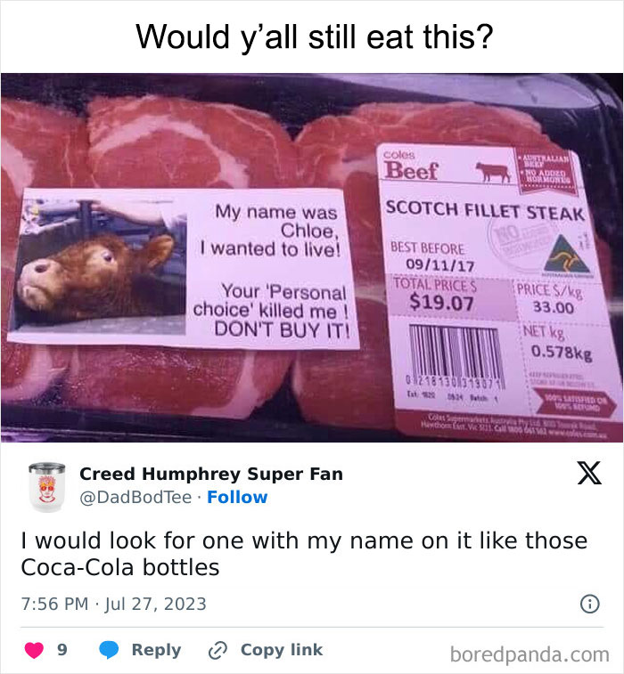 Weird meme showing steak with a cow's photo and message, sparking humorous comment about personalized naming.