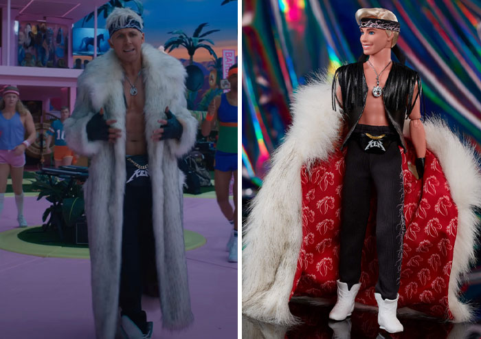 Man and doll in matching fur coats; Mattel's movie-inspired 'Weird Barbie' theme. Man and doll in matching fur coats; Mattel's movie-inspired 'Weird Barbie' theme.