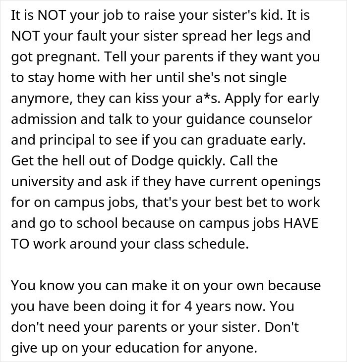 Family Expects This Woman To Delay College To Help With Her Sister's Baby