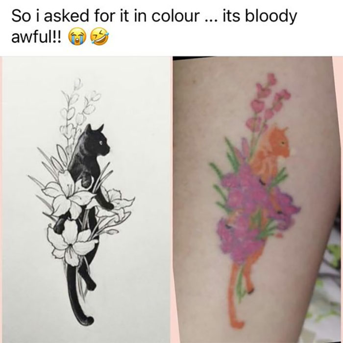 Tattoo design comparison shows intended black cat with lilies and resulting colorful but poor tattoo mistake.