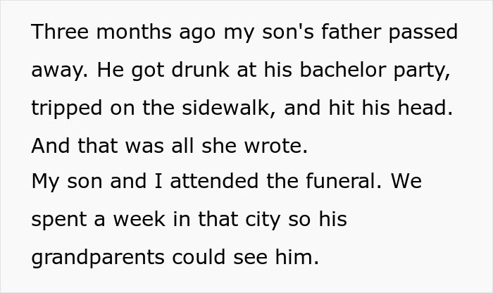 Text describing a mother and son attending the funeral to fulfill rich grandparents promise inheritance conditions.