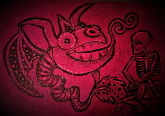 #31 Small Painting Of A Mexican Alebrije Talking To A Skeleton