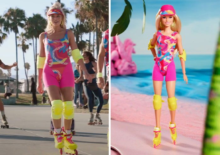 Movie-inspired Weird Barbie with neon outfit and rollerblades, next to an image of the real-life counterpart at a skating rink. Movie-inspired Weird Barbie with neon outfit and rollerblades, next to an image of the real-life counterpart at a skating rink.