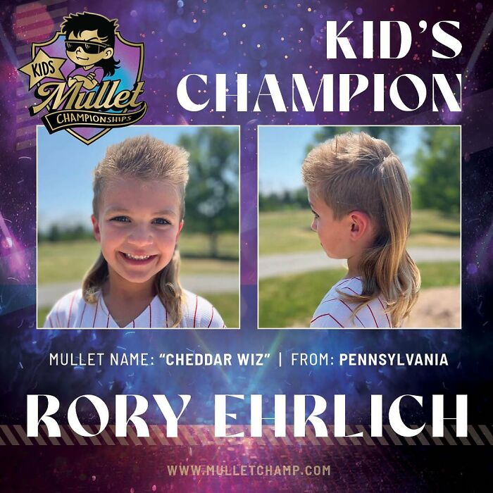 Young boy with award-winning cheddar wiz mullet hairstyle smiling outdoors, crowned kids mullet championship winner.