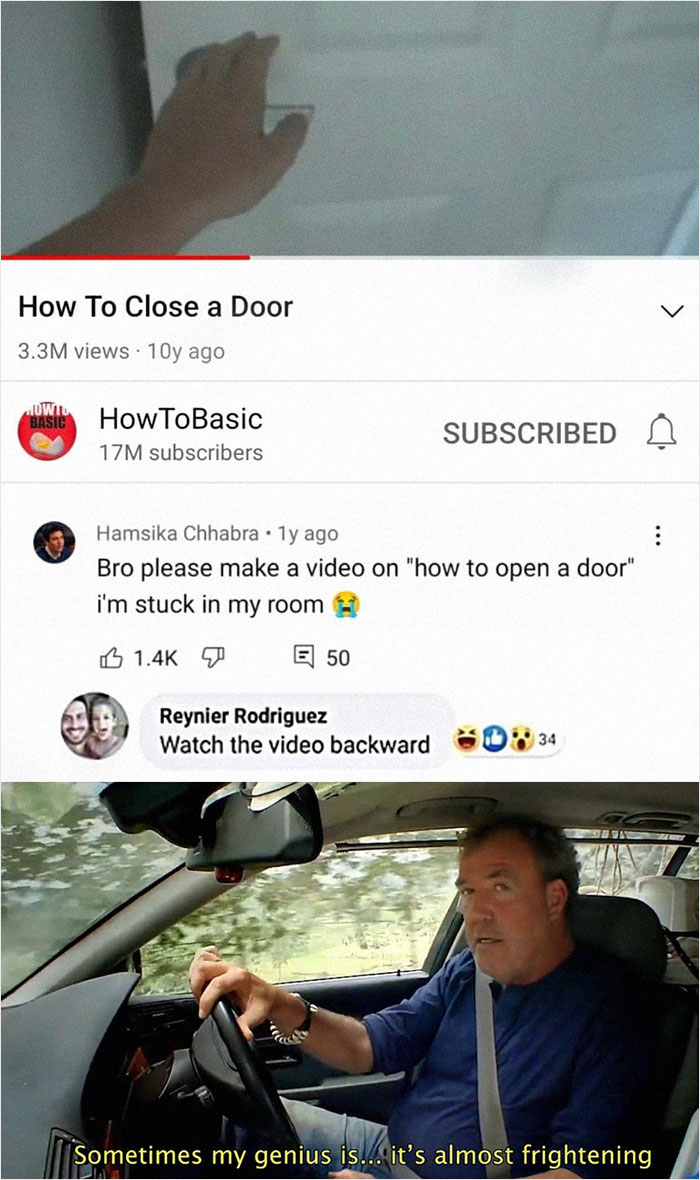 Weird memes featuring a video tutorial on door closing and comments about opening a door by watching backward.
