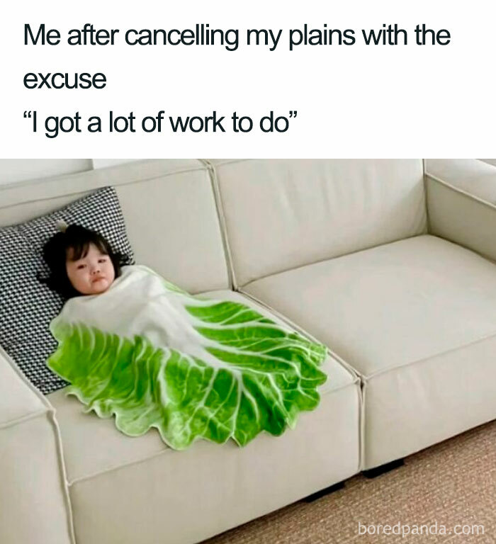 Child wrapped in a leafy blanket on a couch, illustrating a hilarious meme about life and work excuses.