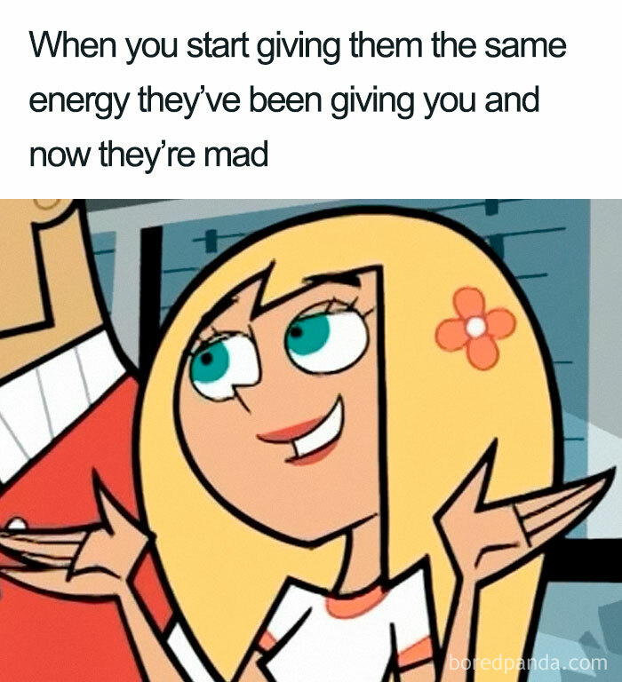 Cartoon character smiling, illustrating a funny life meme about giving back the same energy.