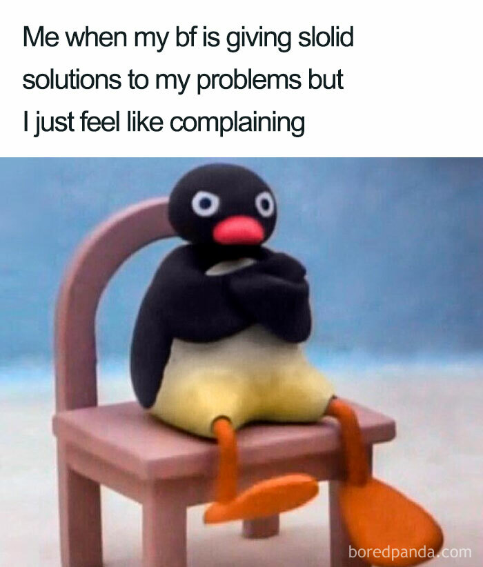A meme about life featuring a clay penguin sitting on a chair with a frustrated expression.