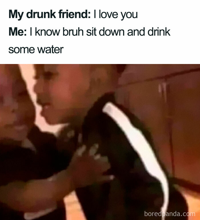 A funny meme about life showing a child telling another child to sit and drink water.