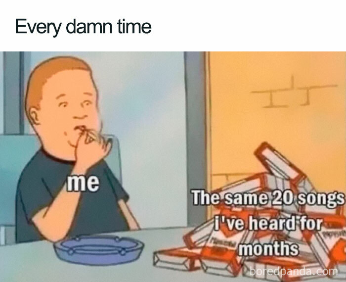 Cartoon character labeled "me" surrounded by cassette tapes, humorously depicting life memes about repetitive music habits.