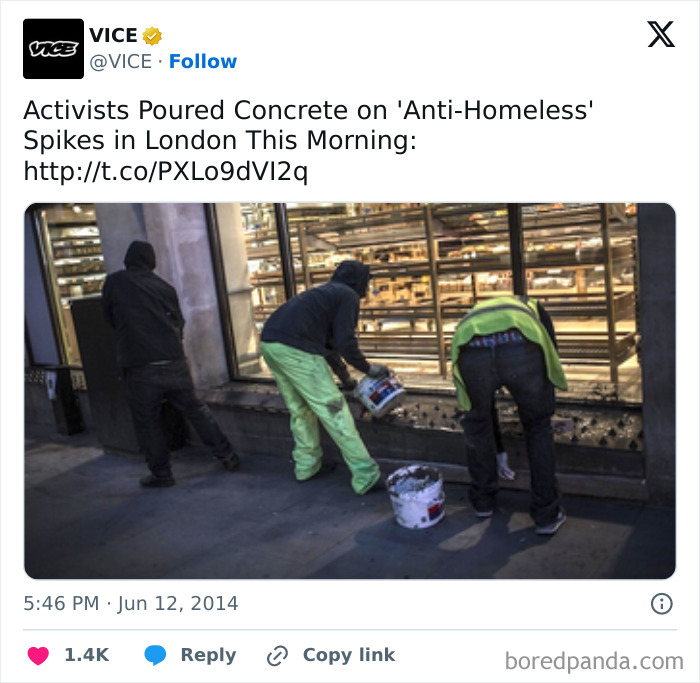 Activists practicing vandalism for humanity by pouring concrete on anti-homeless spikes in London to aid the homeless.